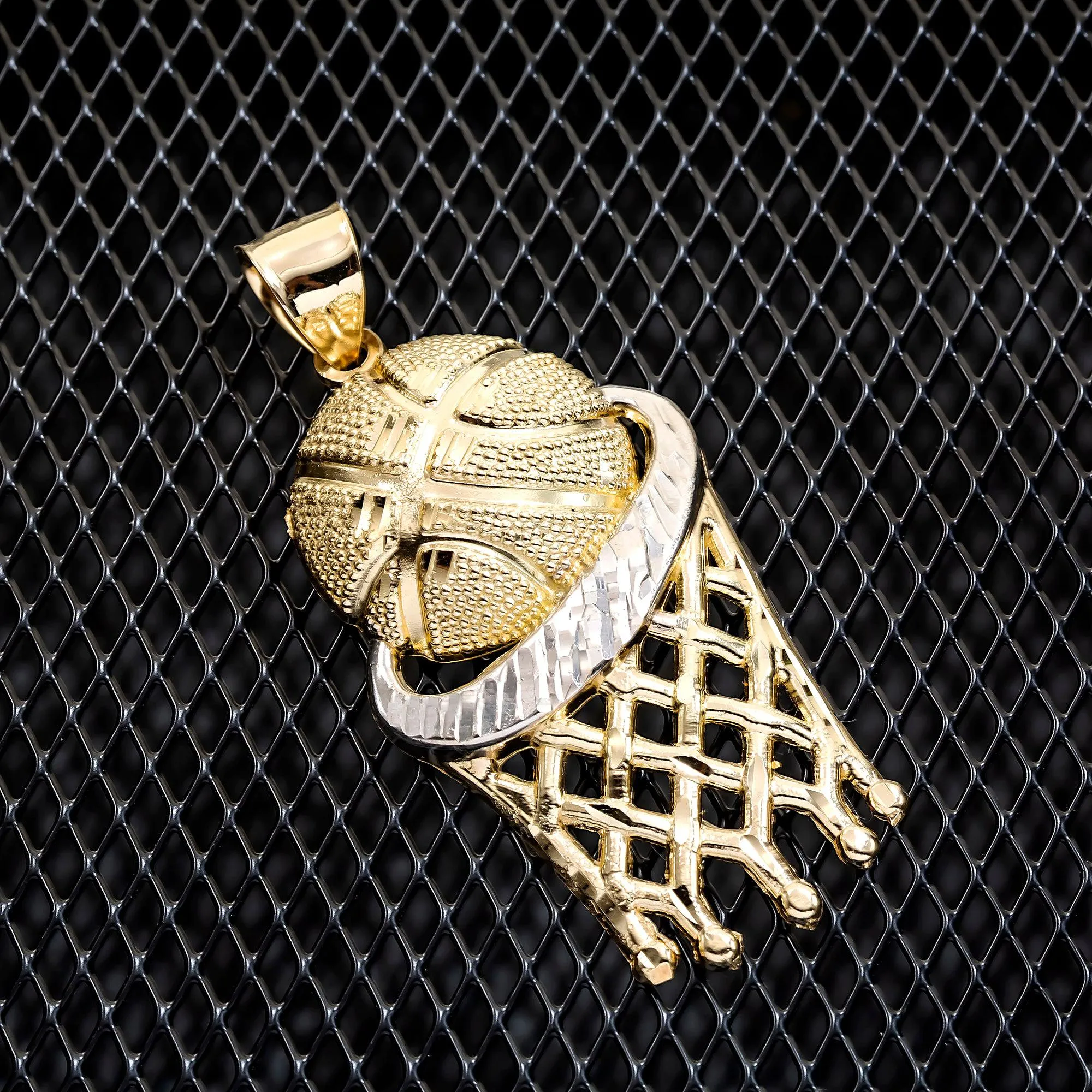 10K GOLD TWO TONE BASKETBALL WITH HOOP PENDANT 9.5G