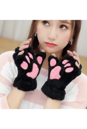 Black & Pink Fluffy Cat Paw Gloves