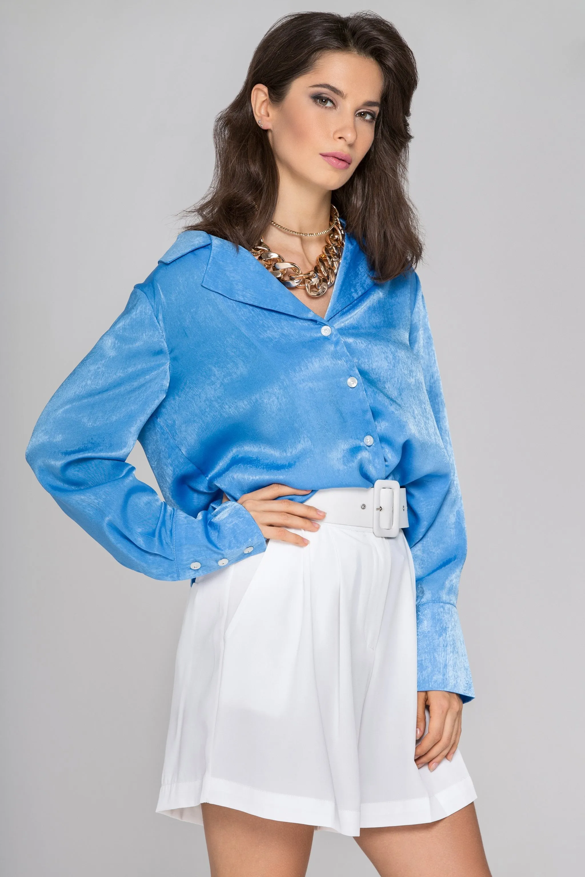 Blue Silk Notched Collar Sleeved Top