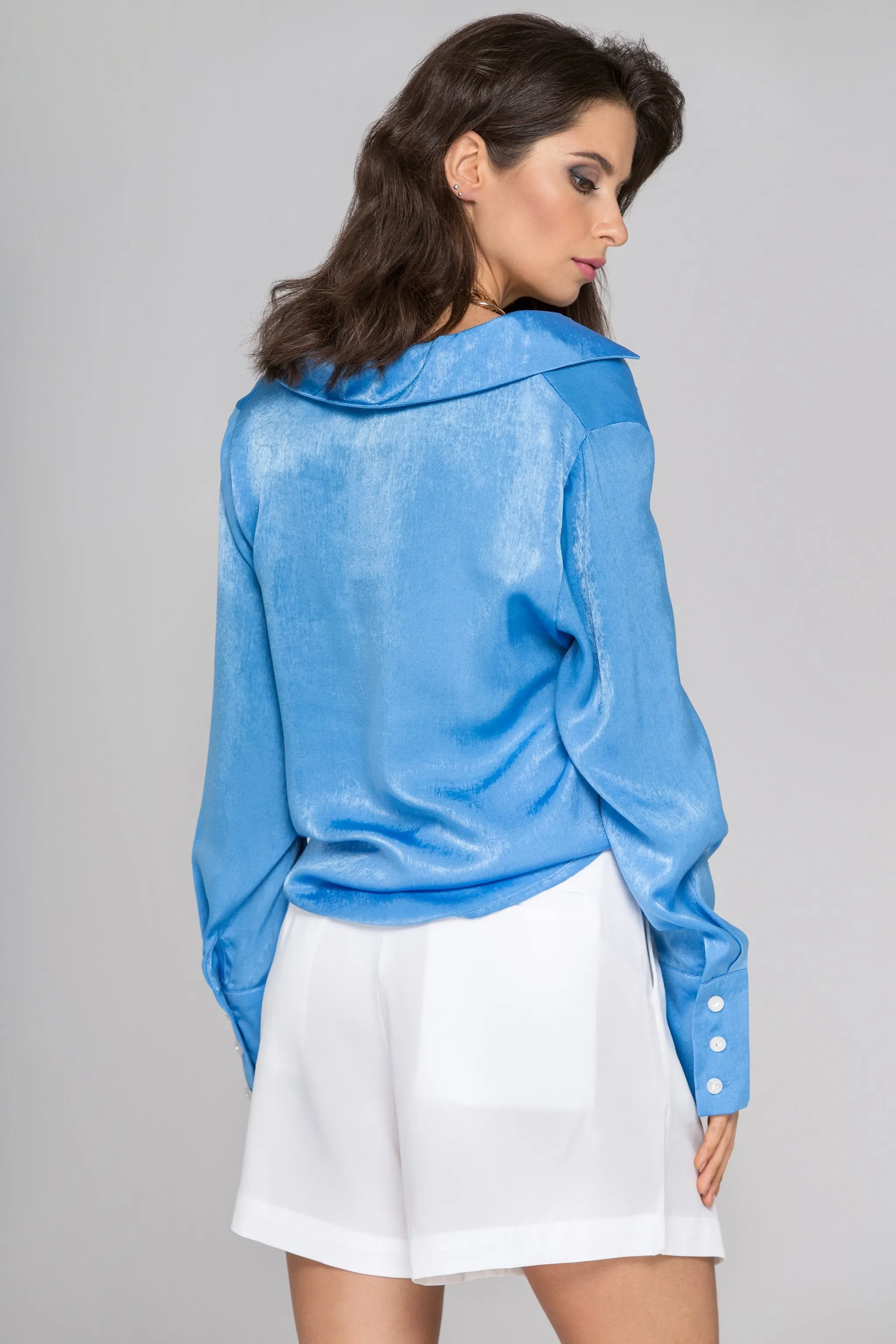 Blue Silk Notched Collar Sleeved Top