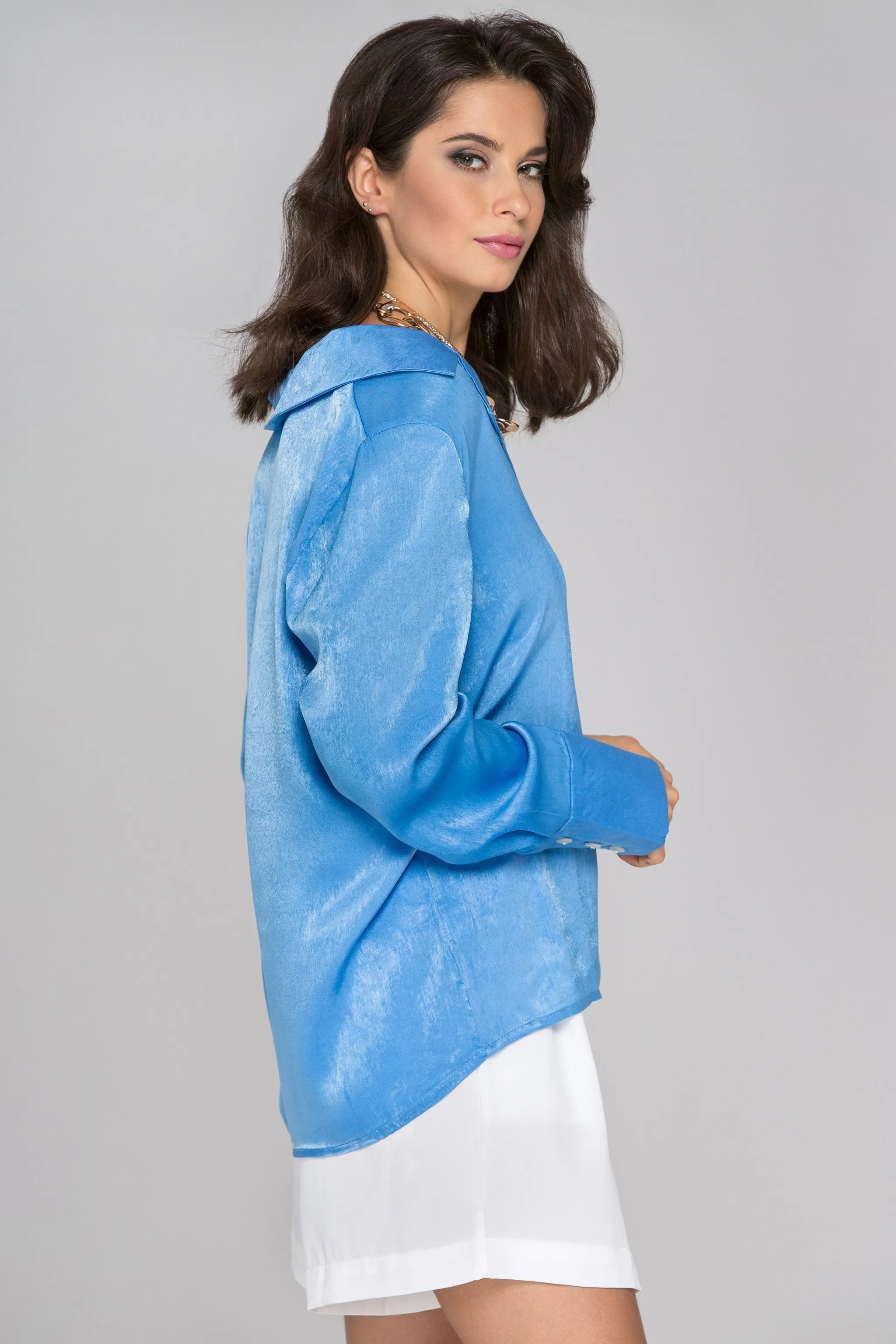 Blue Silk Notched Collar Sleeved Top