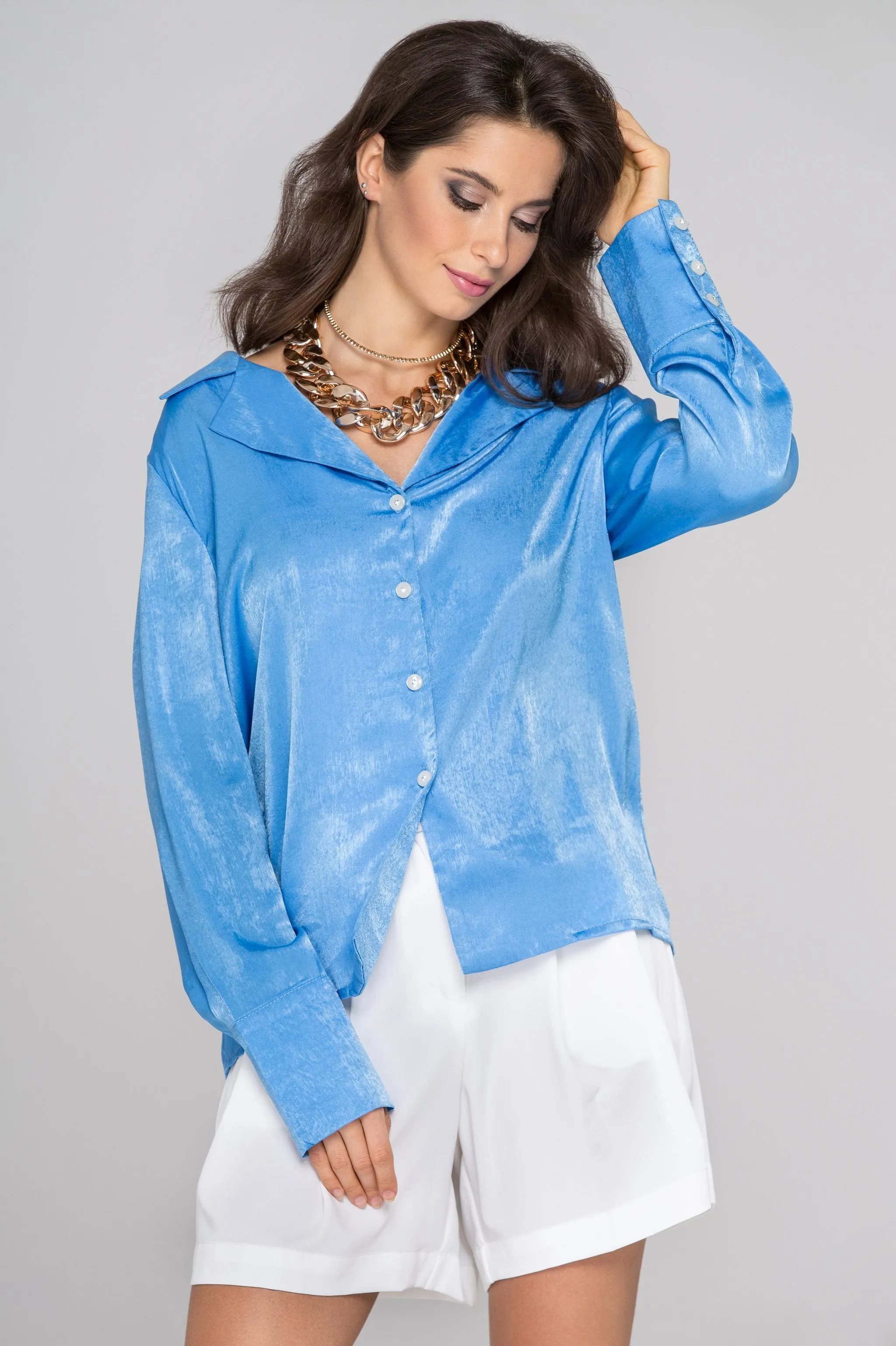 Blue Silk Notched Collar Sleeved Top