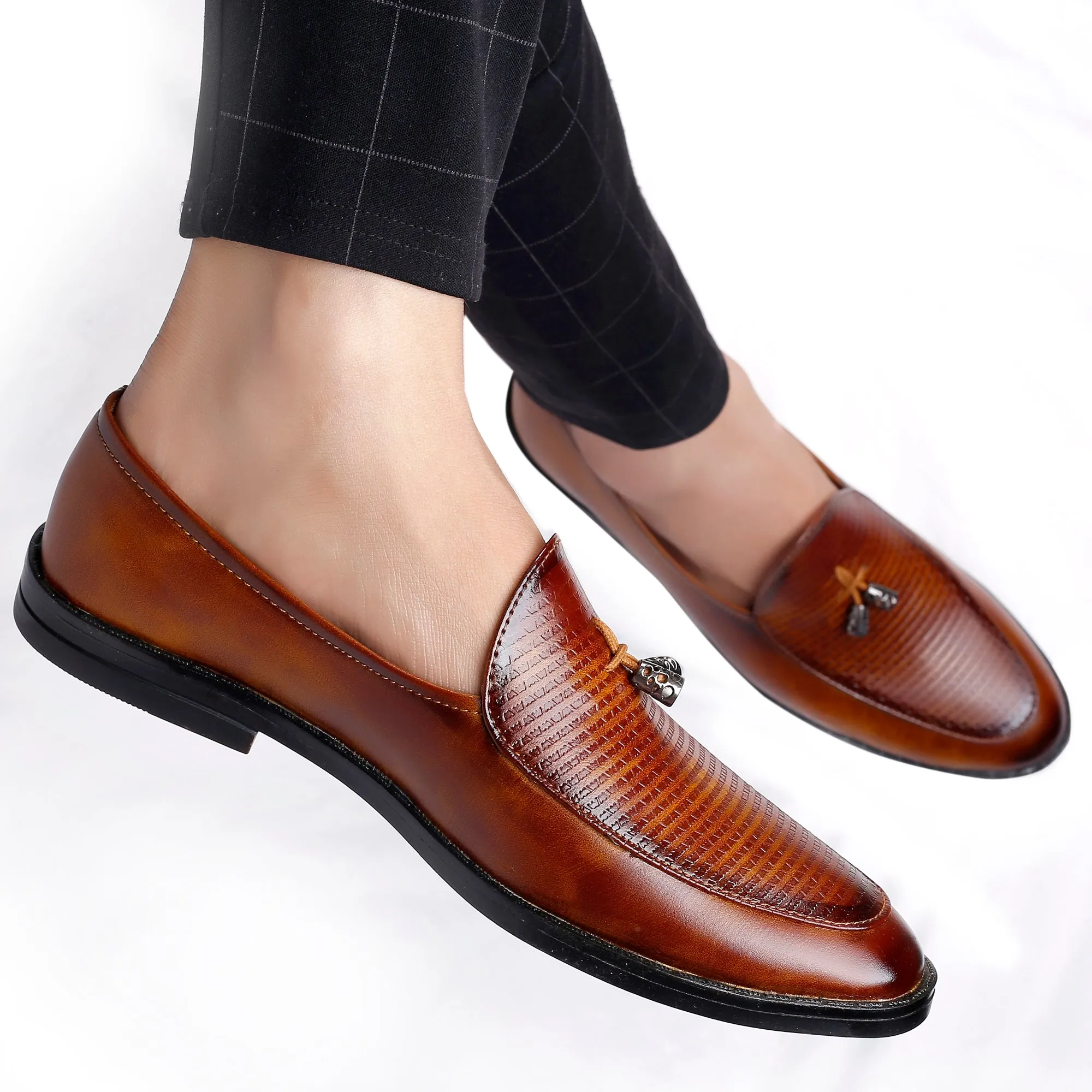 Bxxy's Vegan Leather Tassel Shimmer Wedding Wear Slip-ons for Men