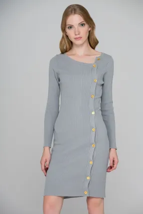 Grey Knit Sleeved Side Button Midi Dress