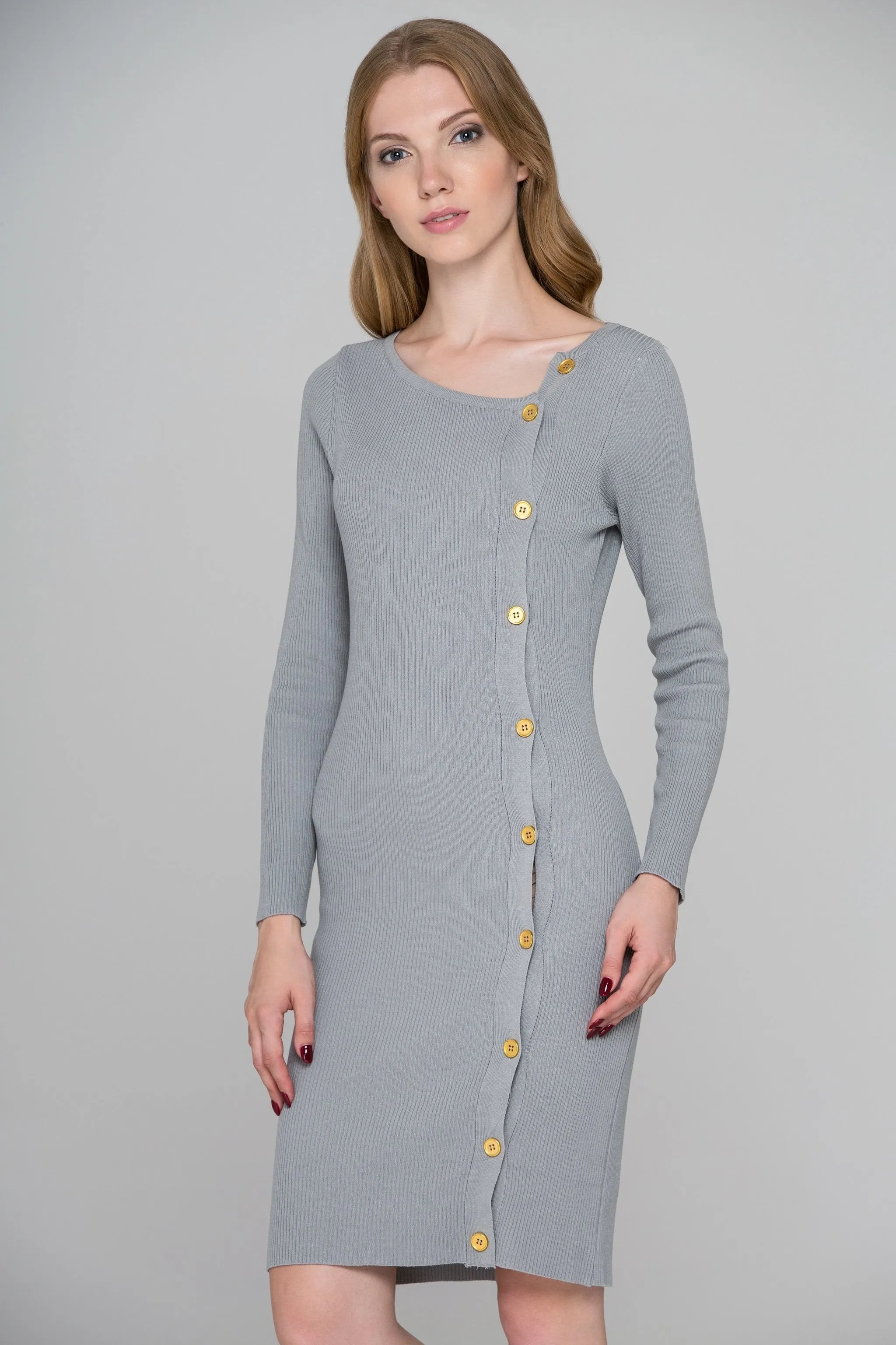 Grey Knit Sleeved Side Button Midi Dress