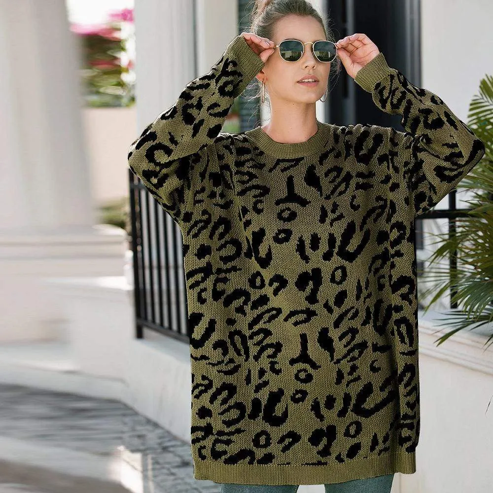 Haute Edition Leopard Print Tunic Length Crew Neck Pullover Thick Knit Sweater  