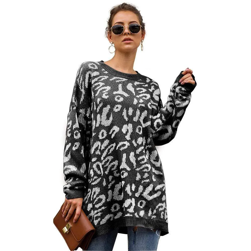 Haute Edition Leopard Print Tunic Length Crew Neck Pullover Thick Knit Sweater  