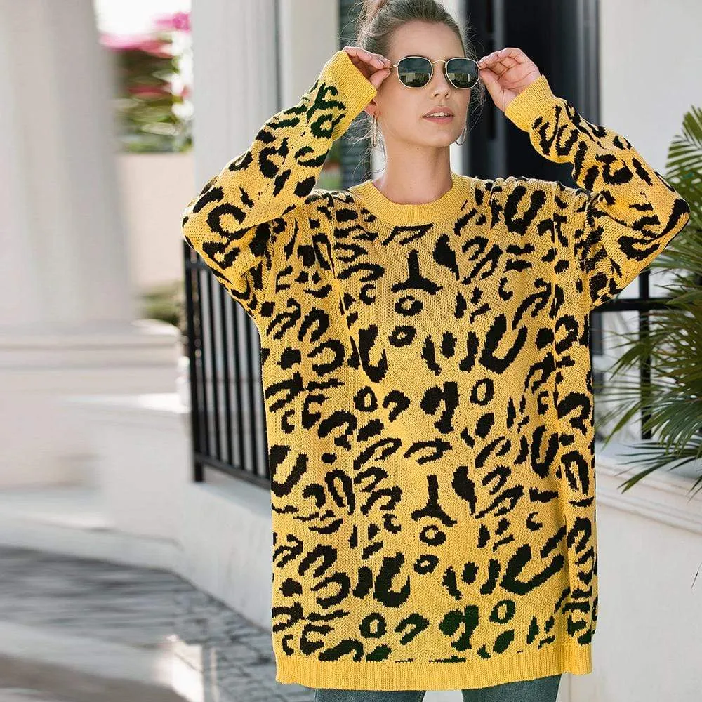 Haute Edition Leopard Print Tunic Length Crew Neck Pullover Thick Knit Sweater  