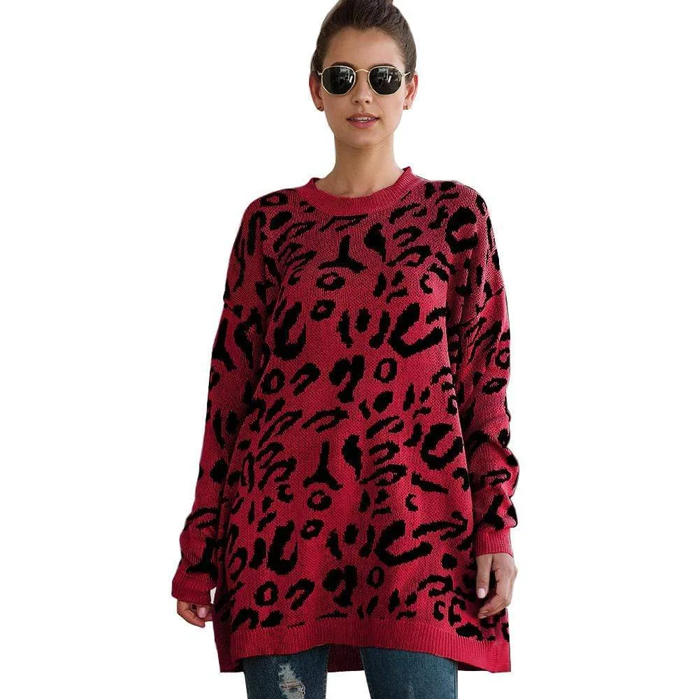 Haute Edition Leopard Print Tunic Length Crew Neck Pullover Thick Knit Sweater  