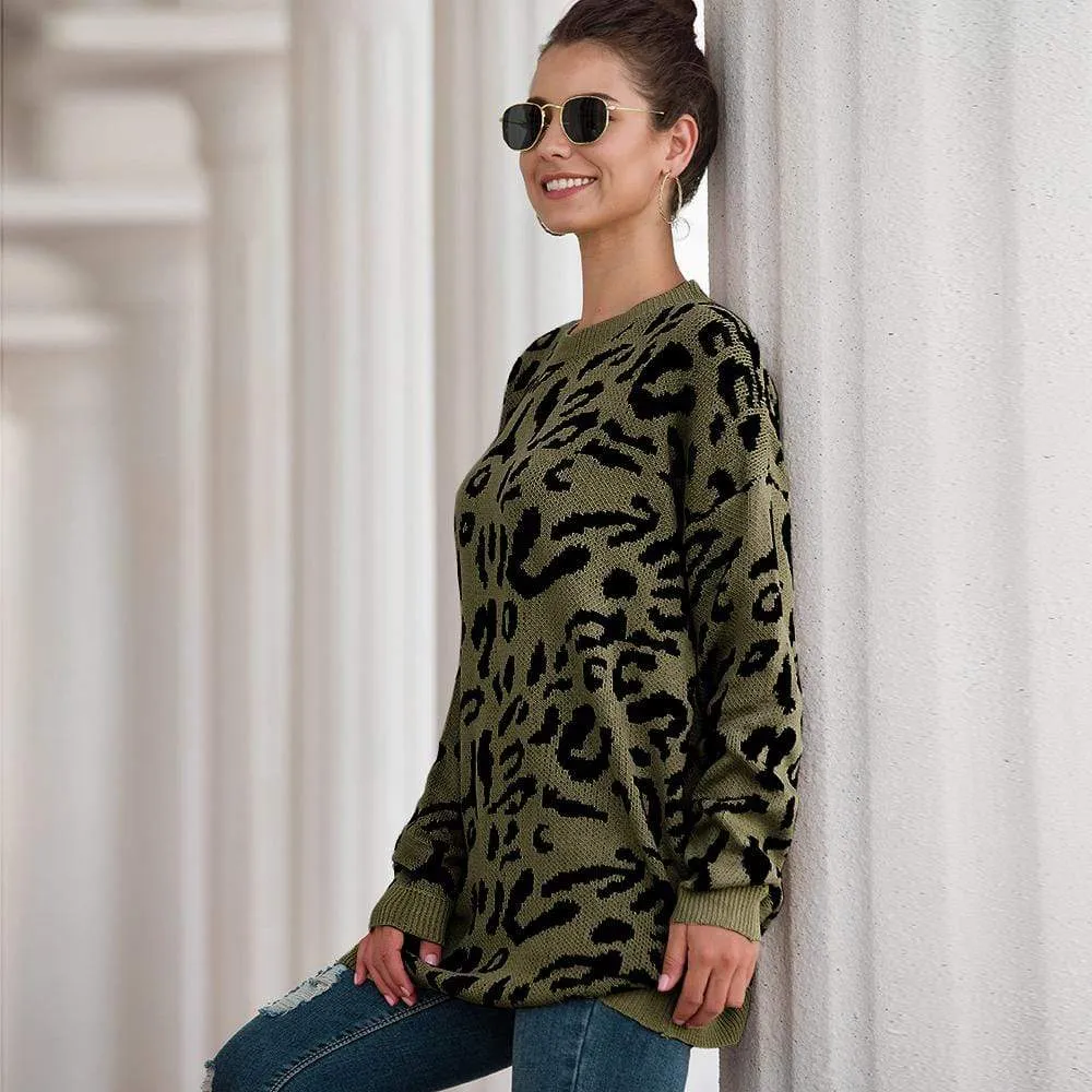 Haute Edition Leopard Print Tunic Length Crew Neck Pullover Thick Knit Sweater  