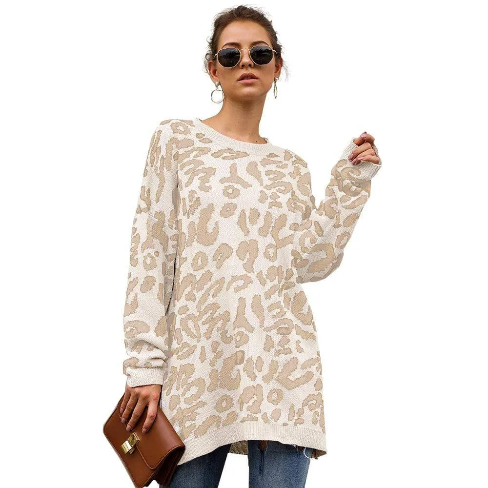 Haute Edition Leopard Print Tunic Length Crew Neck Pullover Thick Knit Sweater  