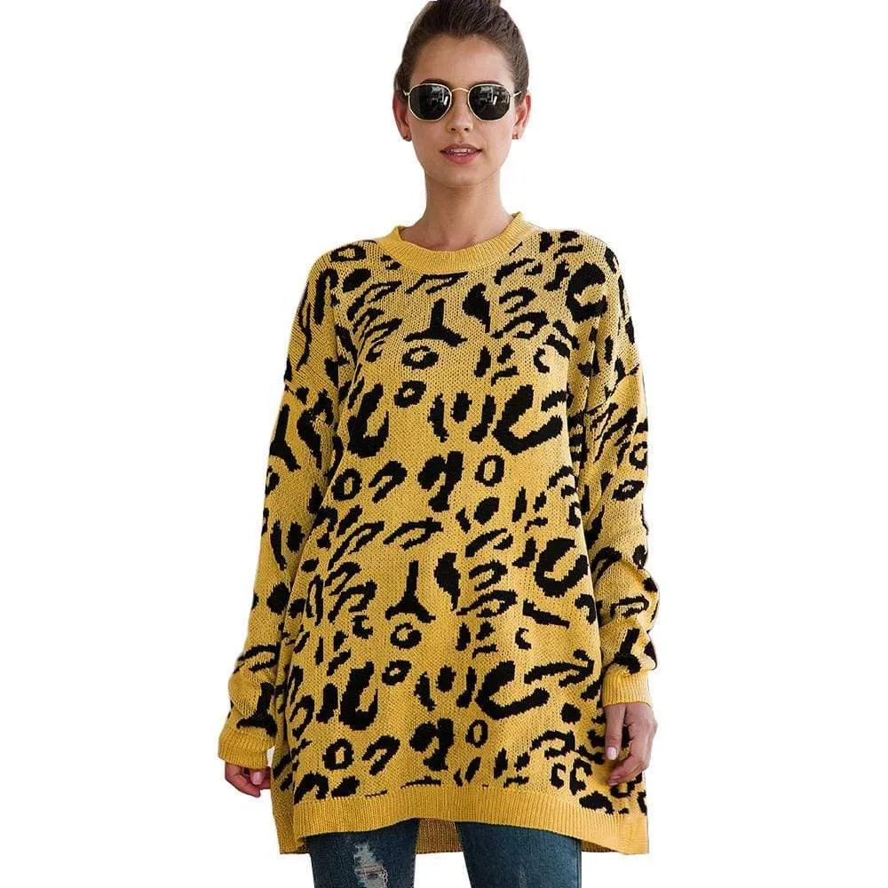 Haute Edition Leopard Print Tunic Length Crew Neck Pullover Thick Knit Sweater  