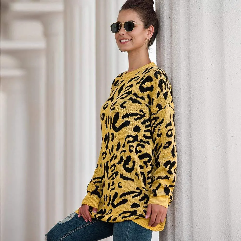 Haute Edition Leopard Print Tunic Length Crew Neck Pullover Thick Knit Sweater  