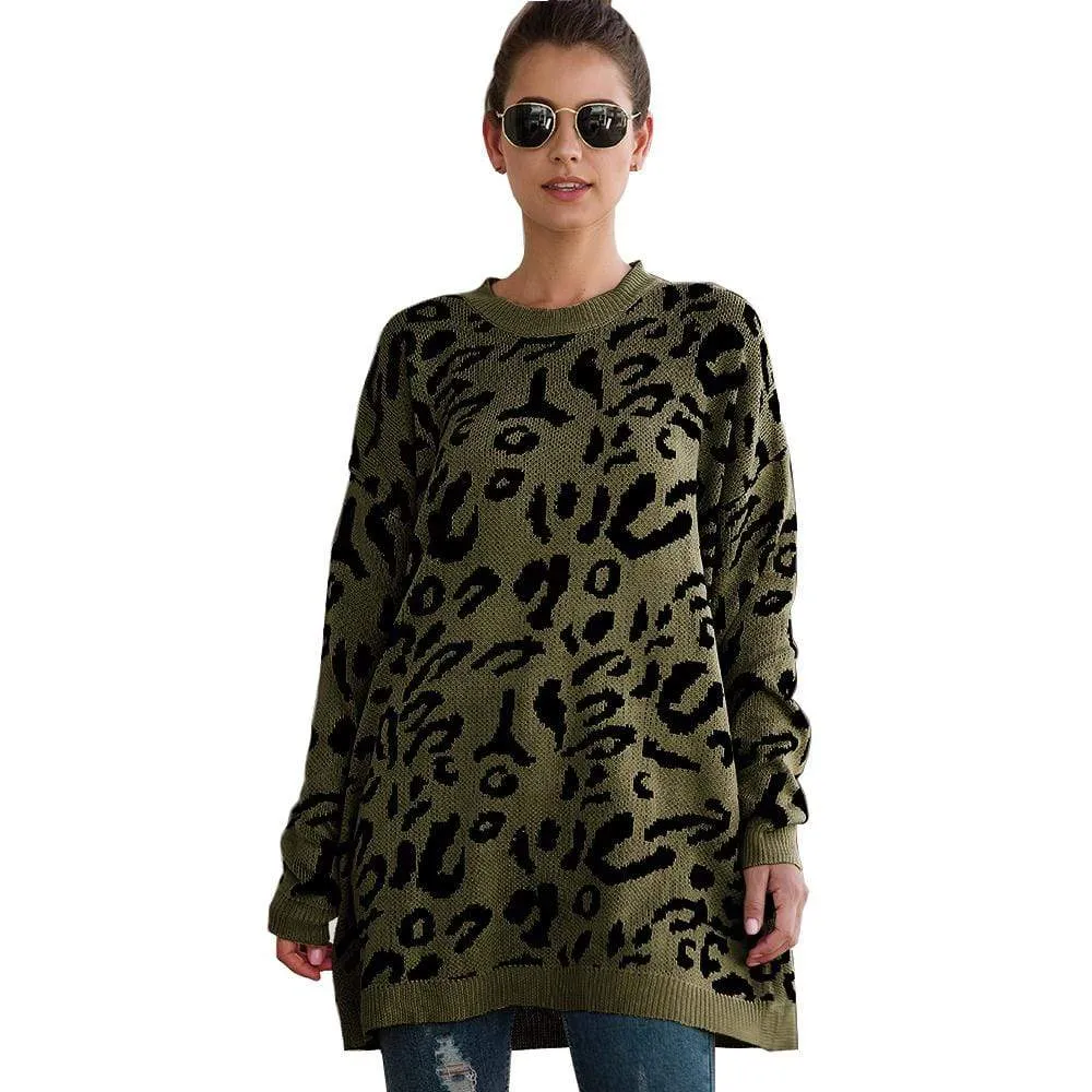 Haute Edition Leopard Print Tunic Length Crew Neck Pullover Thick Knit Sweater  