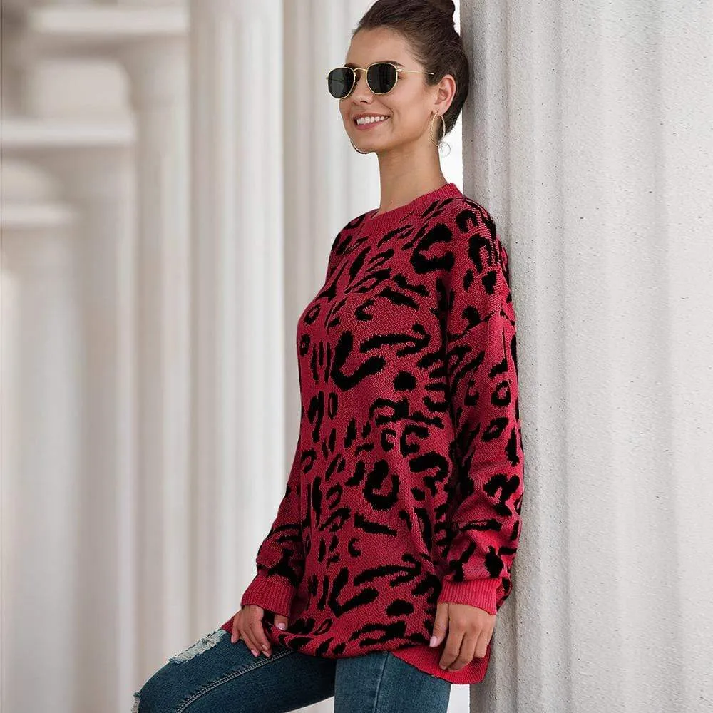 Haute Edition Leopard Print Tunic Length Crew Neck Pullover Thick Knit Sweater  