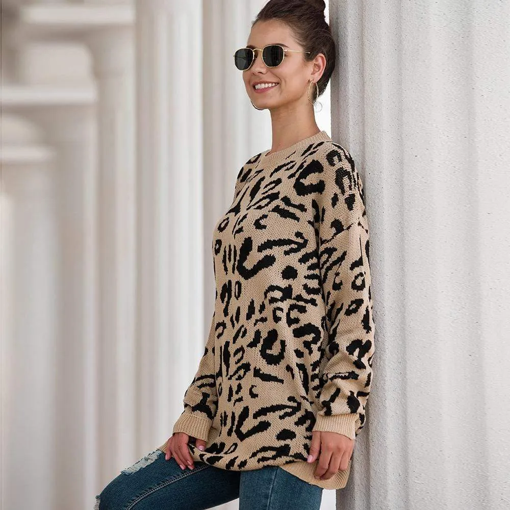 Haute Edition Leopard Print Tunic Length Crew Neck Pullover Thick Knit Sweater  