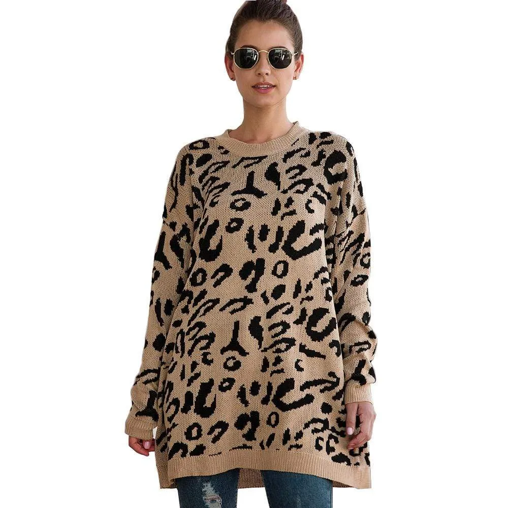 Haute Edition Leopard Print Tunic Length Crew Neck Pullover Thick Knit Sweater  