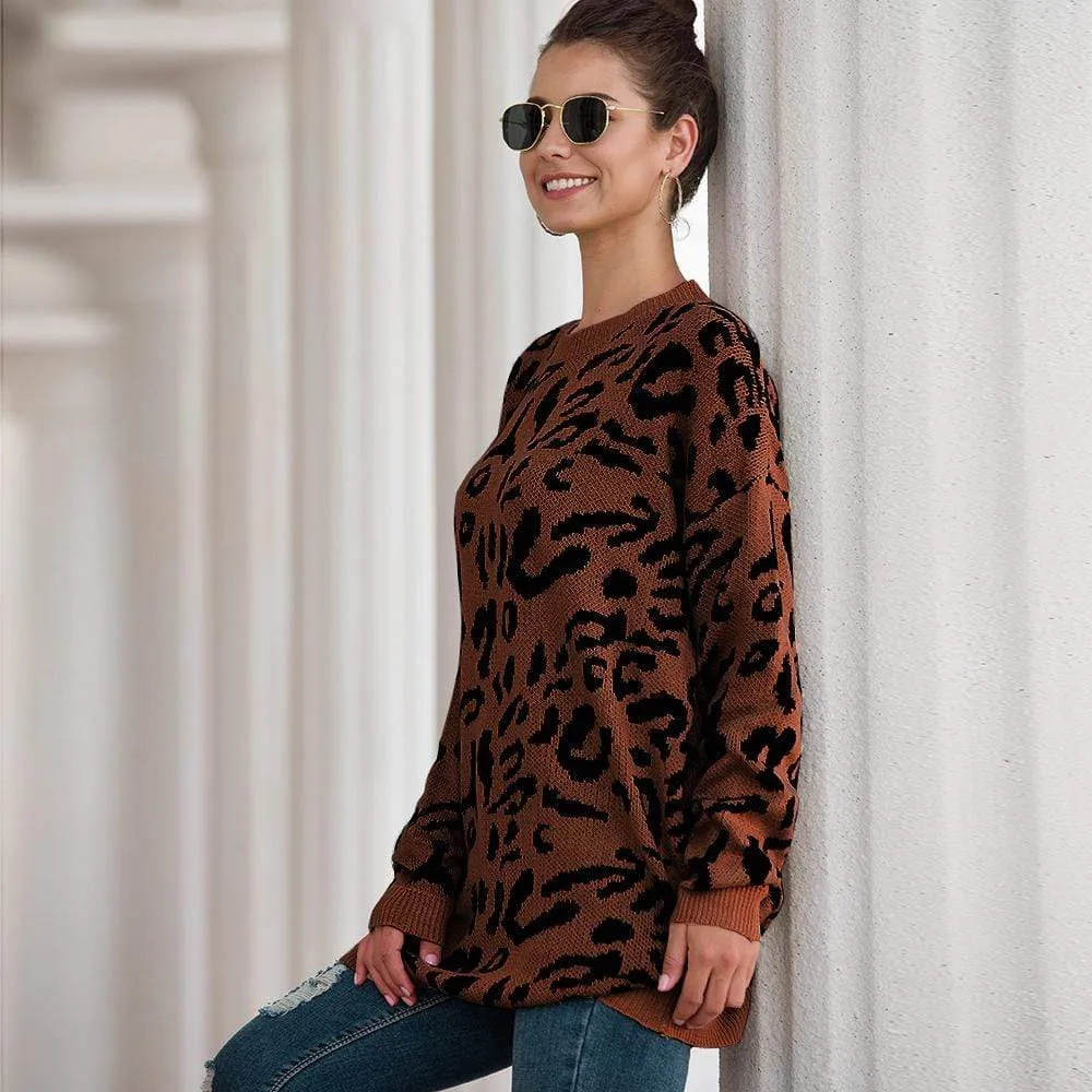 Haute Edition Leopard Print Tunic Length Crew Neck Pullover Thick Knit Sweater  