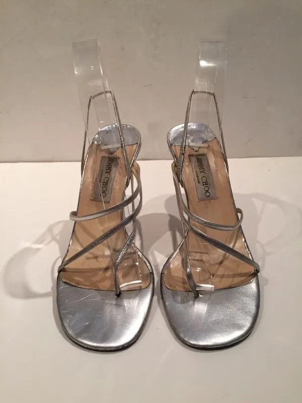 JIMMY CHOO London Sexy Silver Strappy Slingback Stiletto Heels Size 8 1/2