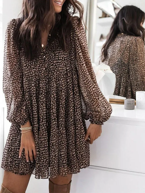 Lantern Sleeve Leopard Swing Mini Dress