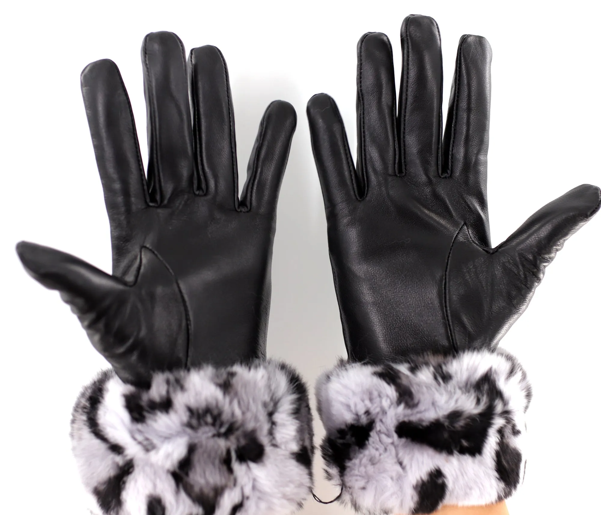 Leather Gloves with Rex Rabbit Leopard Print