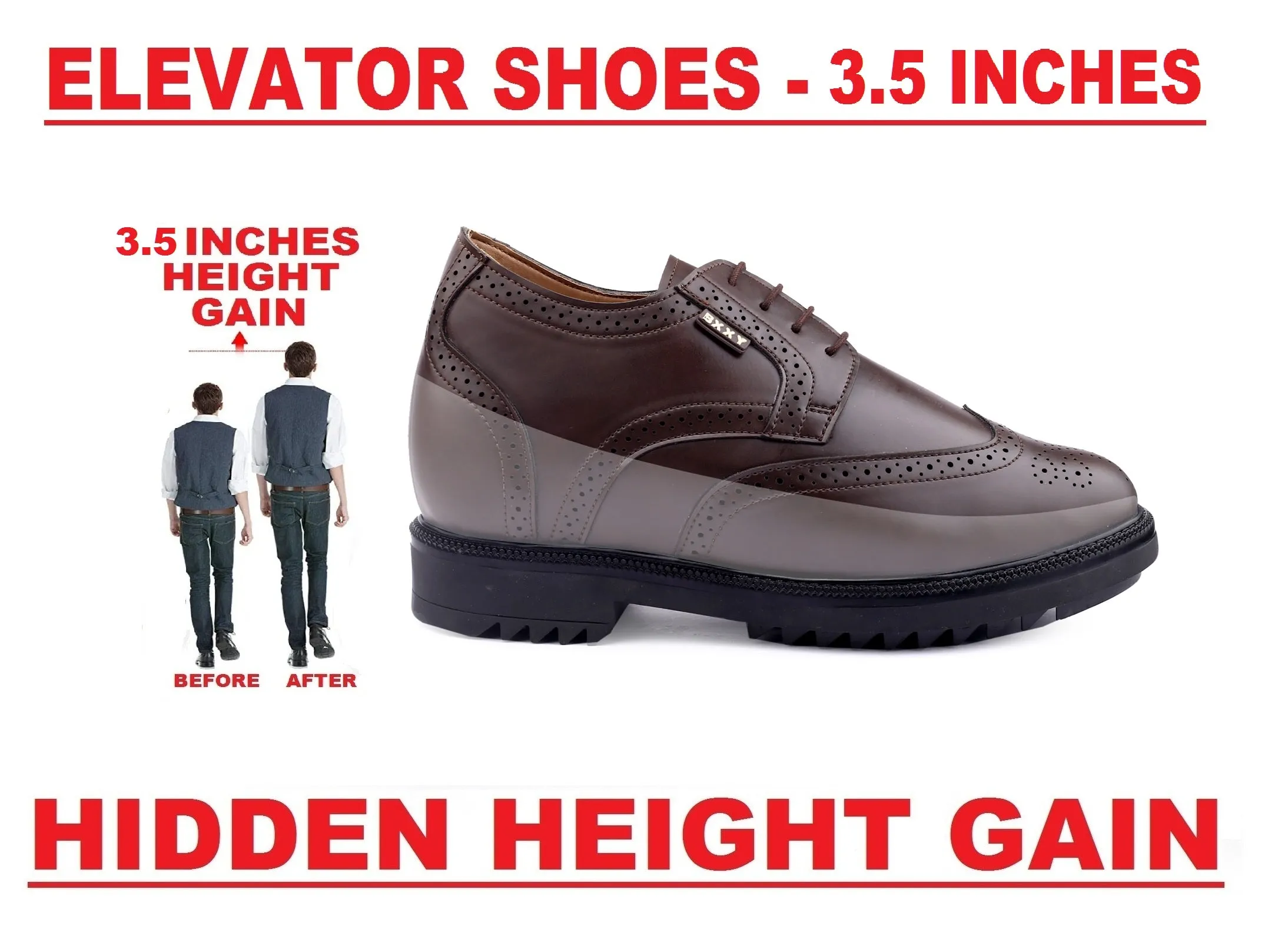 Men's 3.5 Inch Hidden Height Increasing Vegan Leather Brogue Shoes