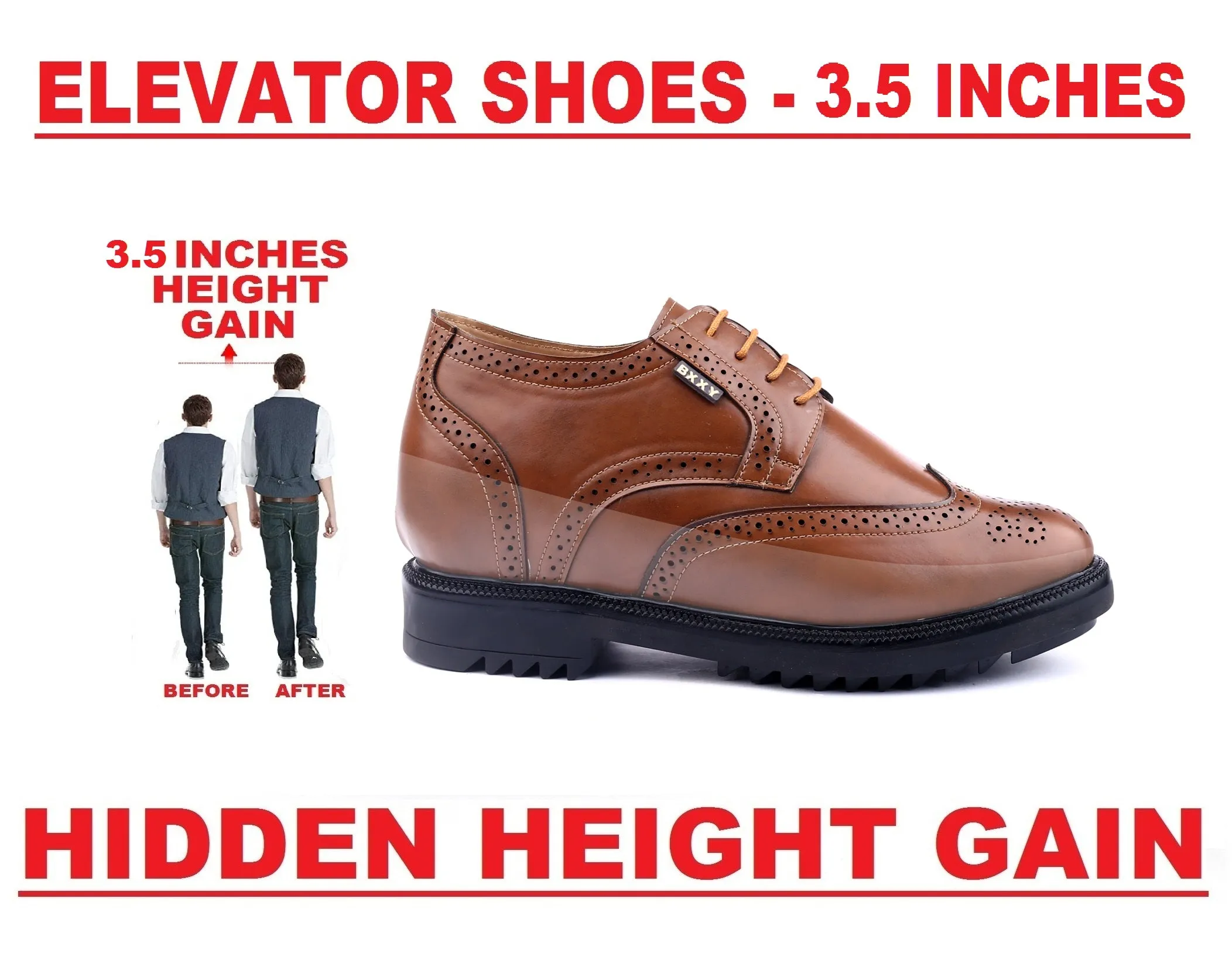 Men's 3.5 Inch Hidden Height Increasing Vegan Leather Brogue Shoes