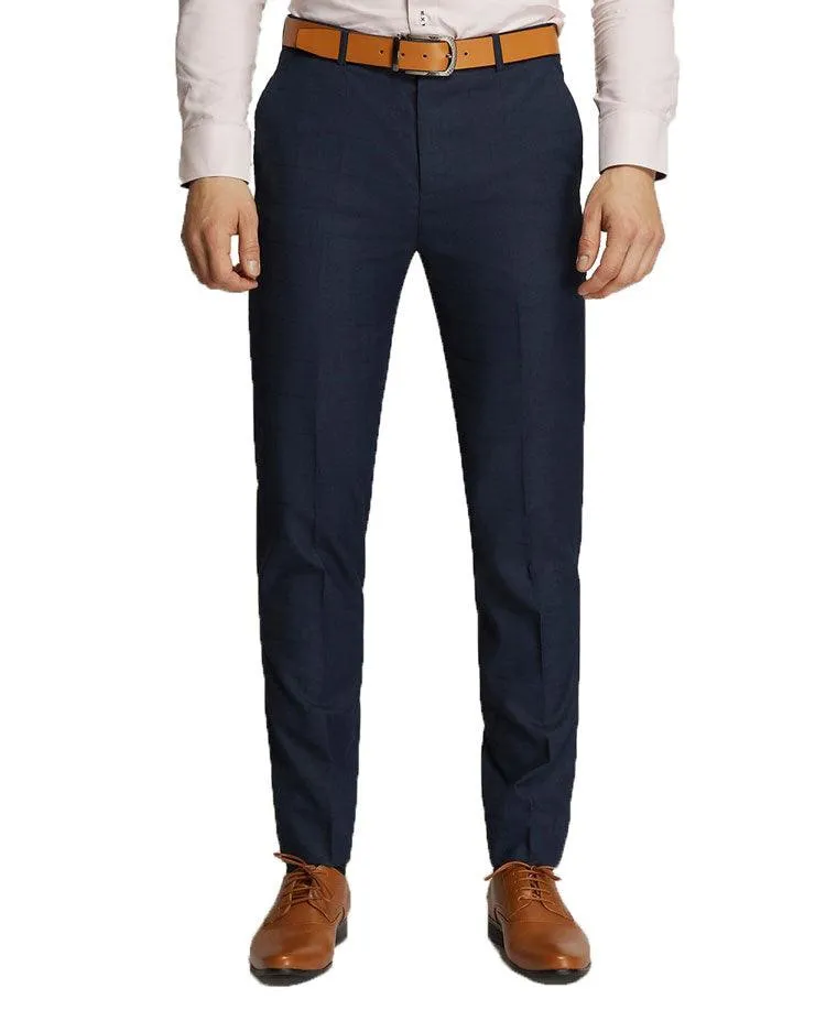 Men's Navy Windowpane Check Slim Fit Trousers