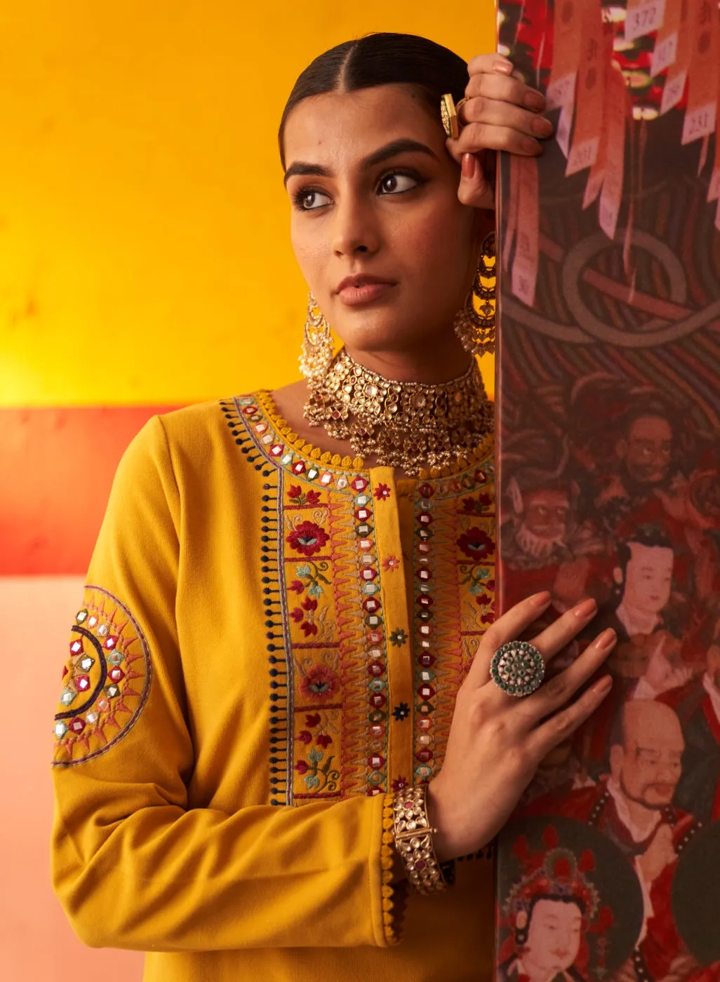 Mustard Embroidered Woollen Kurti for Women with Mirror Work