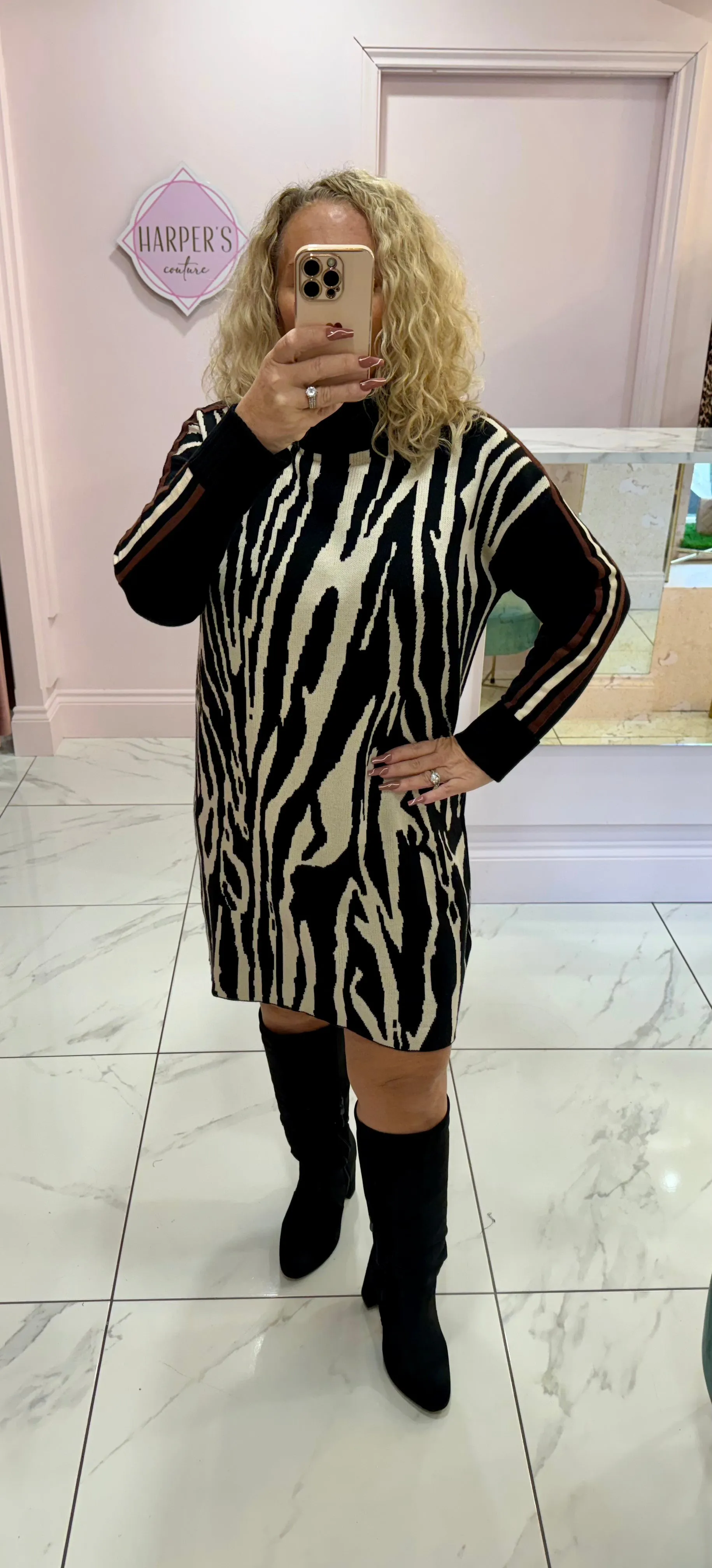 Olive Long Sleeve Tiger Print Knit Dress