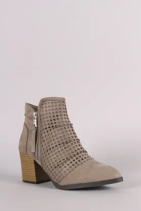 Qupid Perforated Suede Chunky Heeled Cowgirl Booties