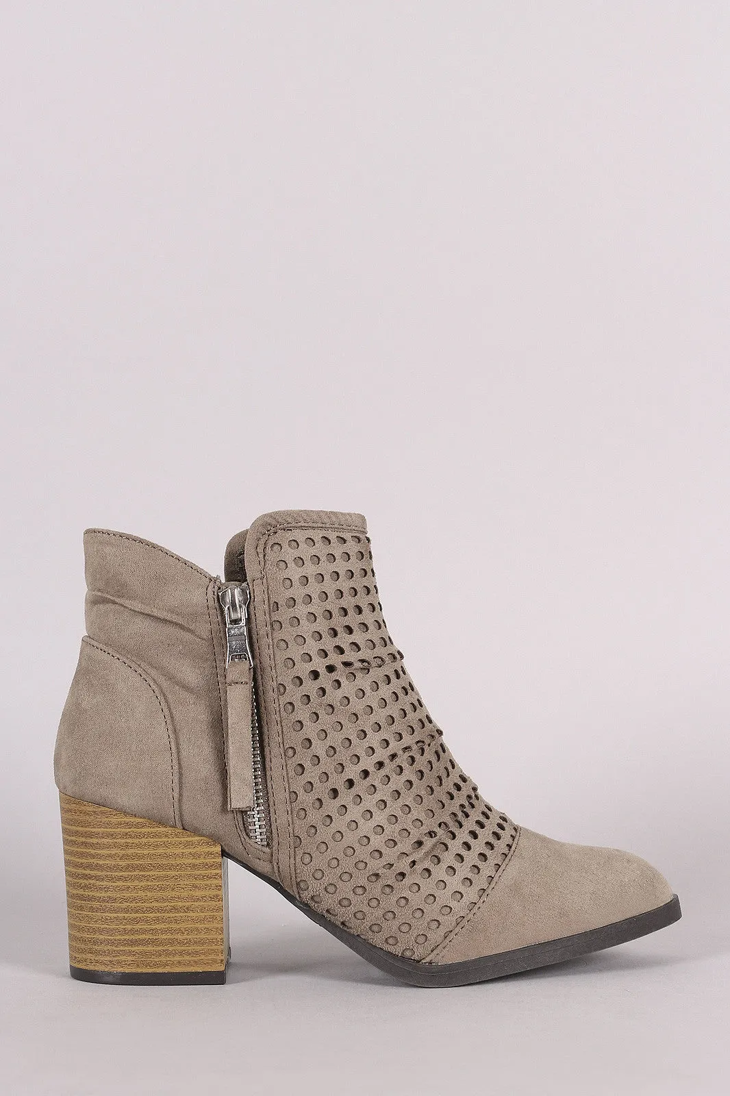 Qupid Perforated Suede Chunky Heeled Cowgirl Booties