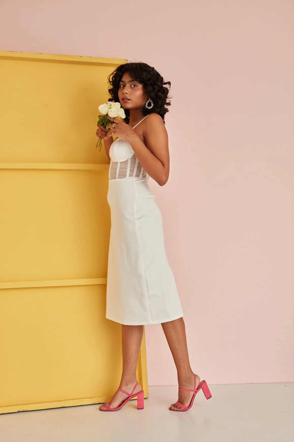 Saphiana White Corset Midi Dress