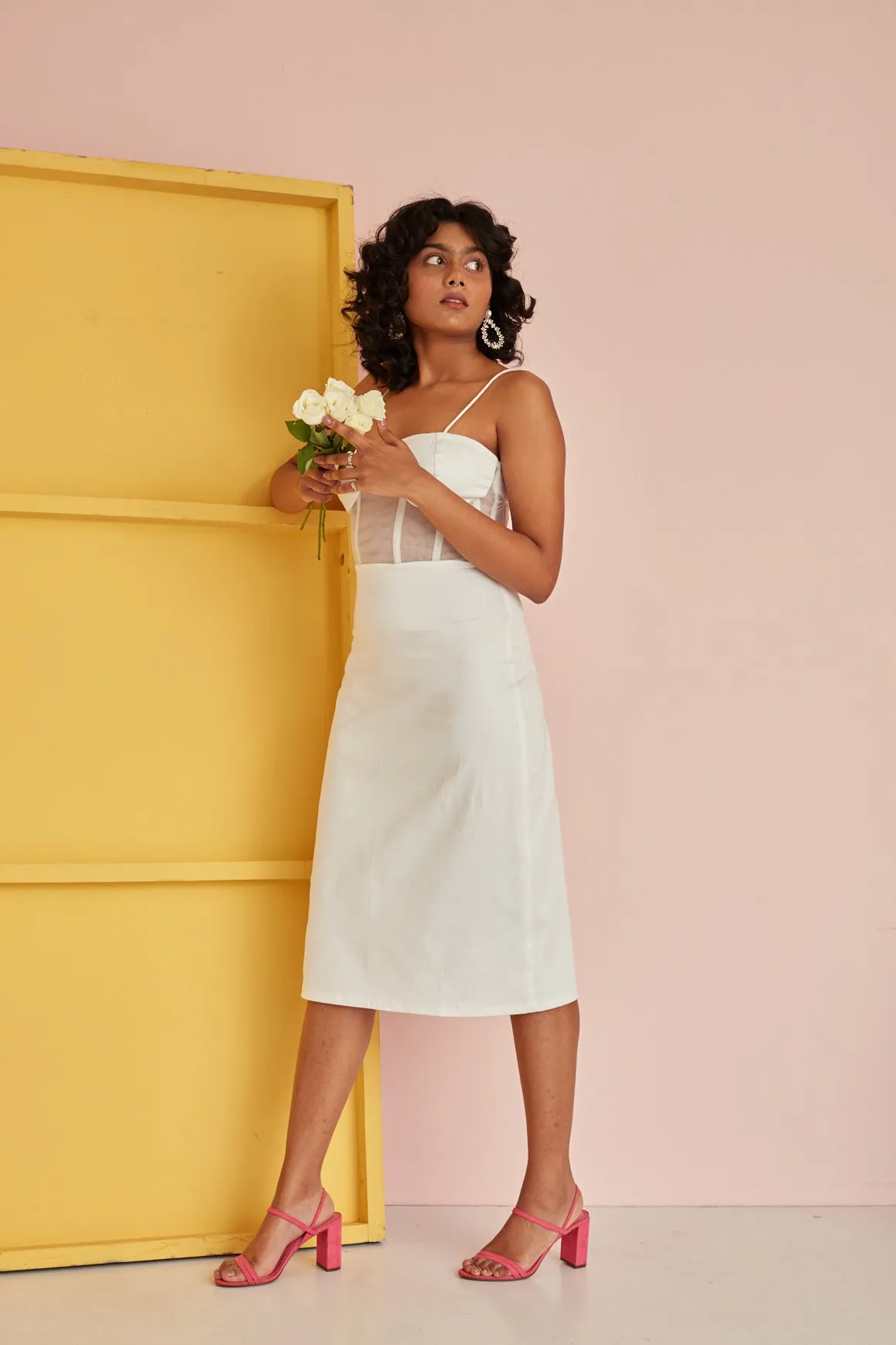 Saphiana White Corset Midi Dress