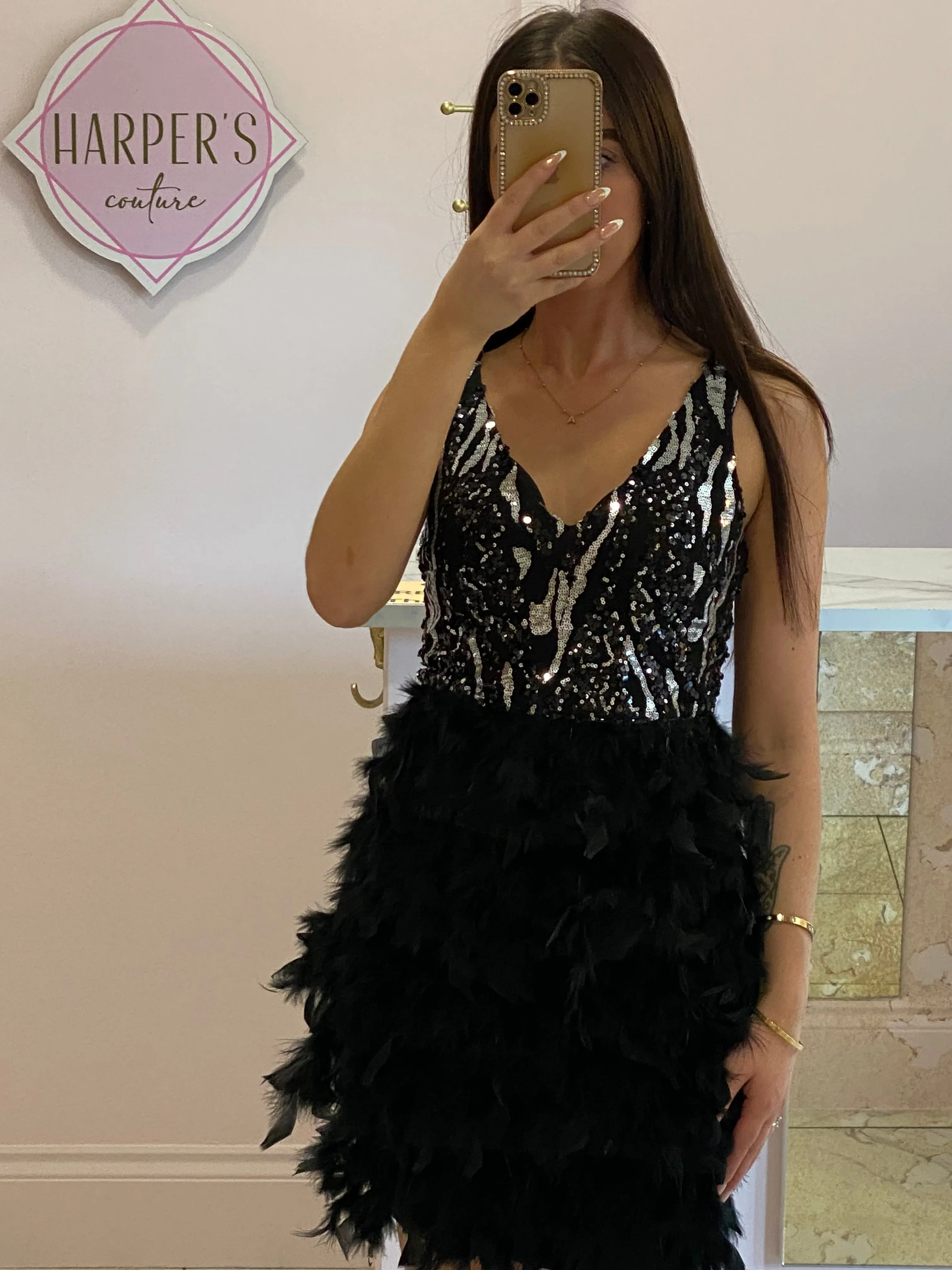 Sian Black Feathered Mini Dress