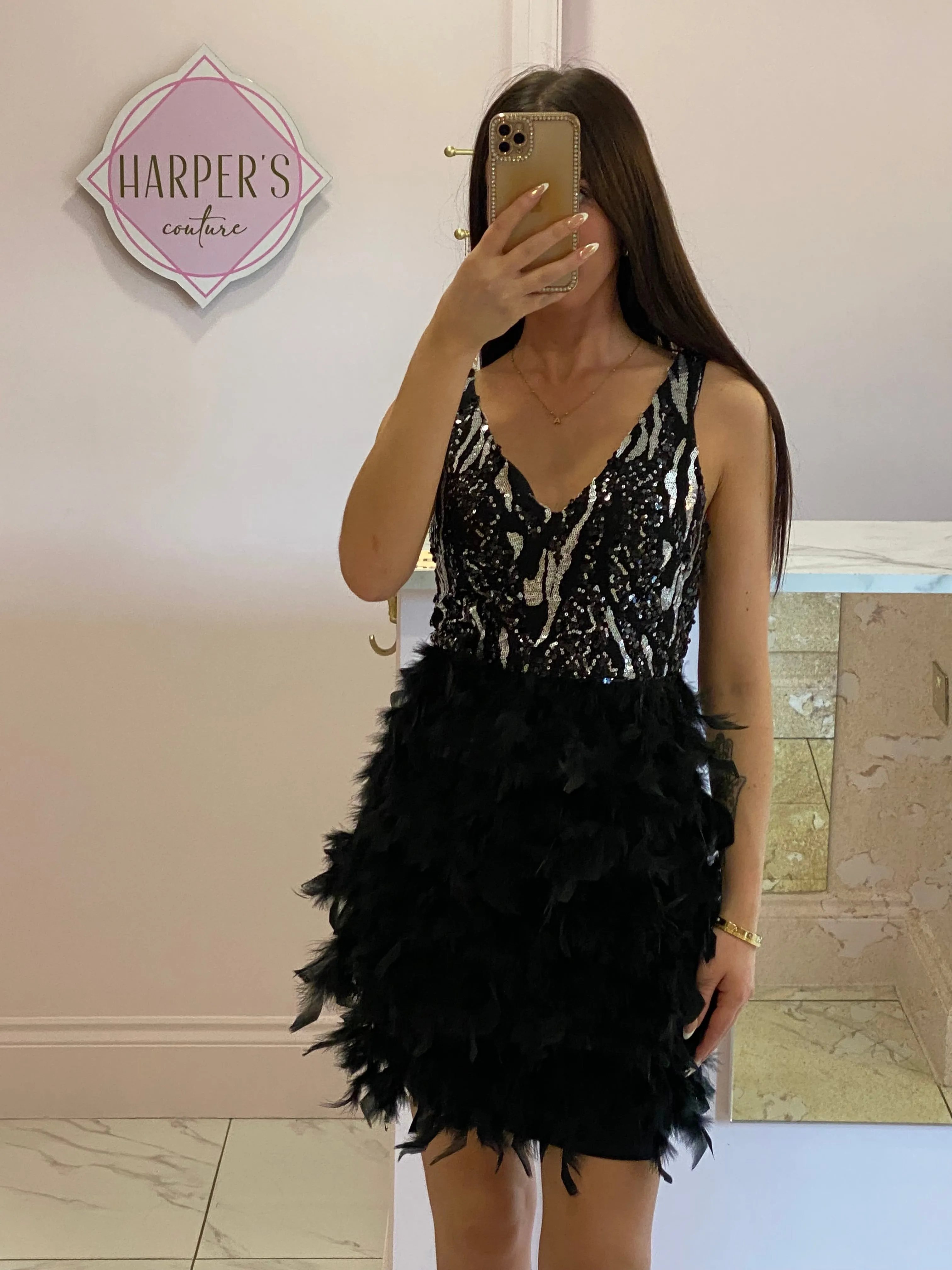 Sian Black Feathered Mini Dress