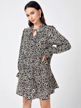 Tie Neck Leopard Print Dress